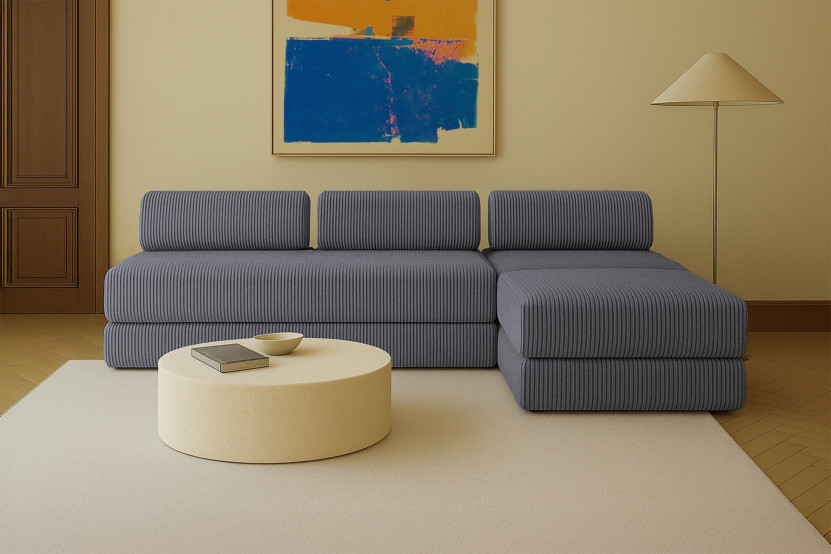 Canapé 6 places - 3 modules convertibles : Canapé 3 places + Fauteuil + Pouf - Velours côtelé XL Gris