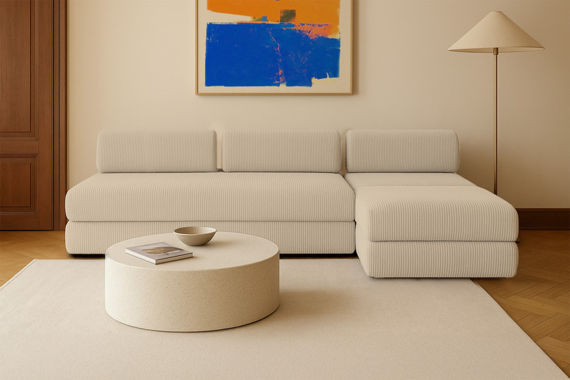 Canapé d'angle 6 places - 3 modules convertibles : Canapé 3 places + Fauteuil + Pouf - Velours côtelé Beige