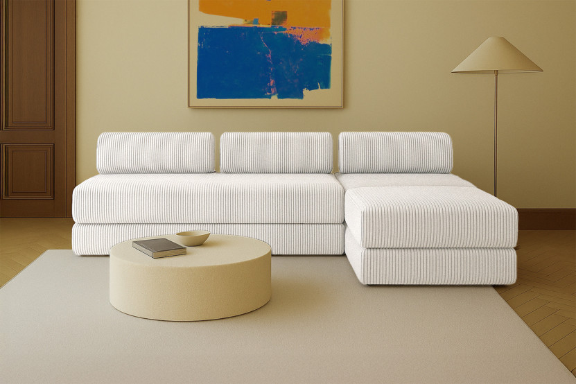 Canapé d'angle 6 places - 3 modules convertibles : Canapé 3 places + Fauteuil + Pouf - Velours côtelé XL Blanc