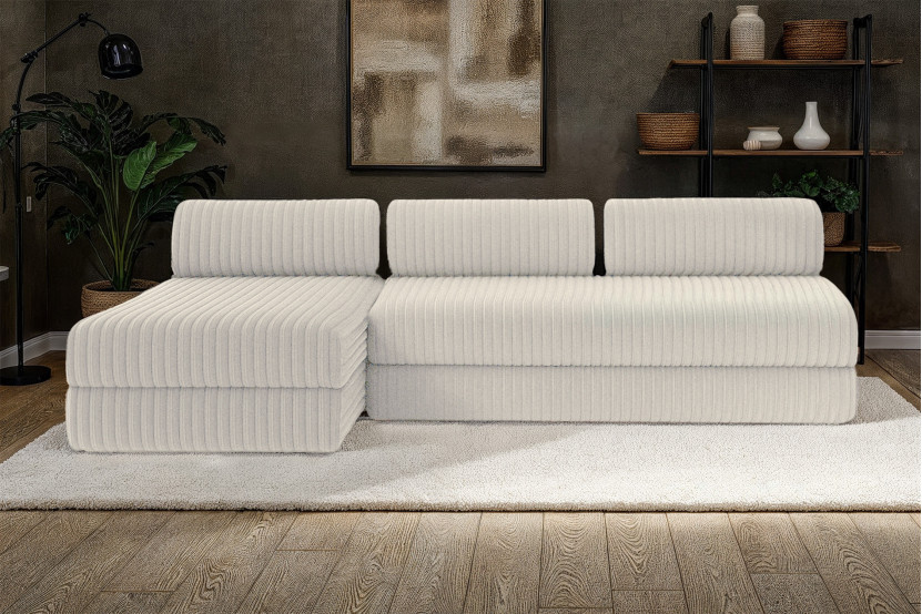 Canapé d'angle 6 places - 2 modules convertibles : Canapé 3 places + Méridienne - Velours côtelé XL Blanc