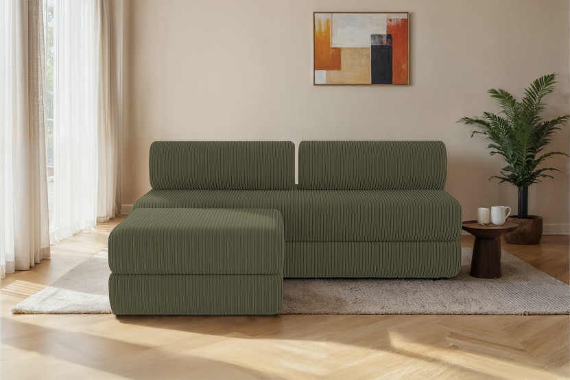 Canapé d'angle 4 places - 2 modules convertibles : Canapé 3 places + Pouf - Velours côtelé Vert