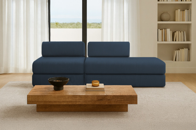 Canapé 3 places - 2 modules convertibles : Canapé 2 places + Fauteuil - Velours côtelé Bleu