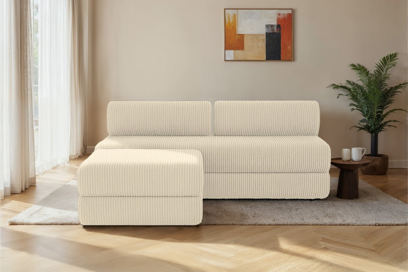 Canapé d'angle 4 places - 2 modules convertibles : Canapé 3 places + Pouf - Velours côtelé Beige