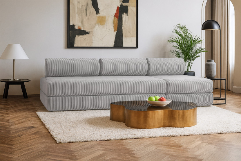 Canapé 4 places - 2 modules convertibles : Canapé 3 places + Fauteuil - Velours côtelé Gris clair