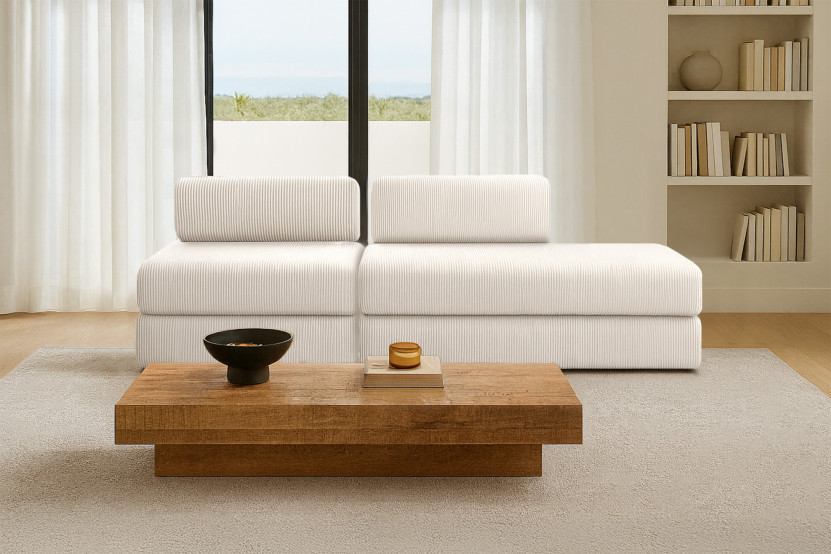 Canapé 3 places - 2 modules convertibles : Canapé 2 places + Fauteuil - Velours côtelé Blanc