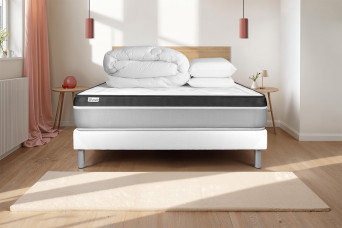 Pack lit complet 200x200 cm - Matelas + Sommier Blanc (en kit) + 2 oreillers + Couette - Vital Ergo