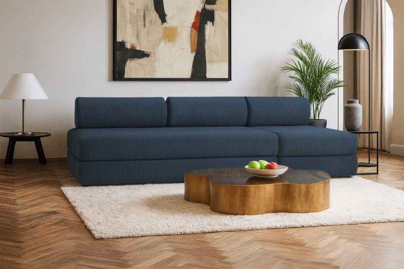 Canapé 4 places - 2 modules convertibles : Canapé 3 places + Fauteuil - Velours côtelé Bleu