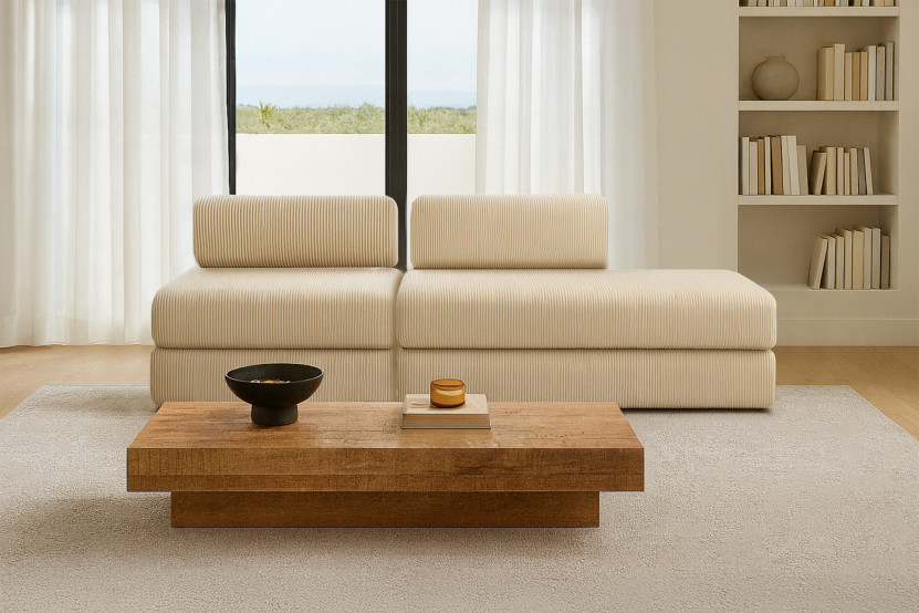 Canapé 3 places - 2 modules convertibles : Canapé 2 places + Fauteuil - Velours côtelé Beige