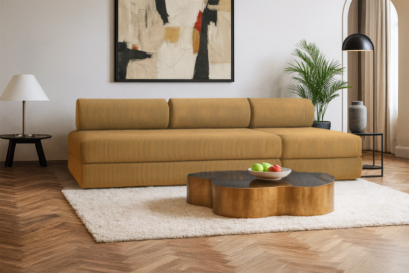 Canapé 4 places - 2 modules convertibles : Canapé 3 places + Fauteuil - Velours côtelé Jaune