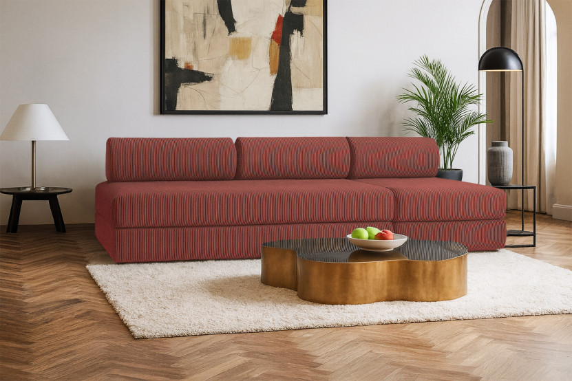 Canapé 4 places - 2 modules convertibles : Canapé 3 places + Fauteuil - Velours côtelé Rouge