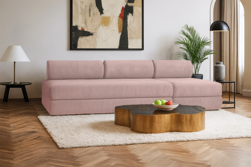 Canapé 4 places - 2 modules convertibles : Canapé 3 places + Fauteuil - Velours côtelé Rose pâle