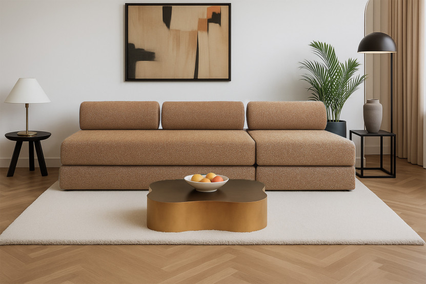 Canapé 4 places - 2 modules convertibles : Canapé 3 places + Fauteuil - Tissu tweed Marron