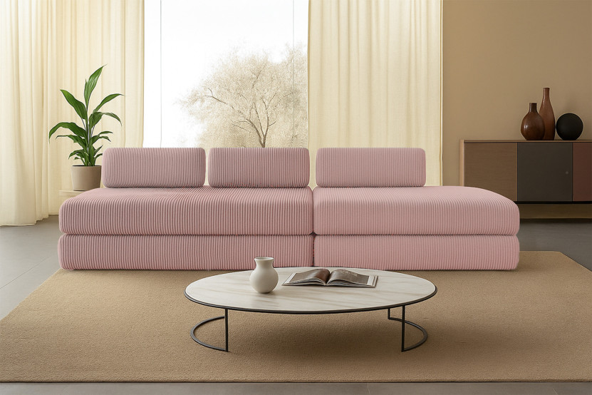 Canapé 5 places - 2 modules convertibles : Canapé 3 places + Canapé 2 places - Velours côtelé Rose pâle