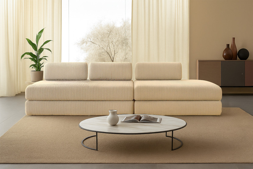 Canapé 5 places - 2 modules convertibles : Canapé 3 places + Canapé 2 places - Velours côtelé Beige