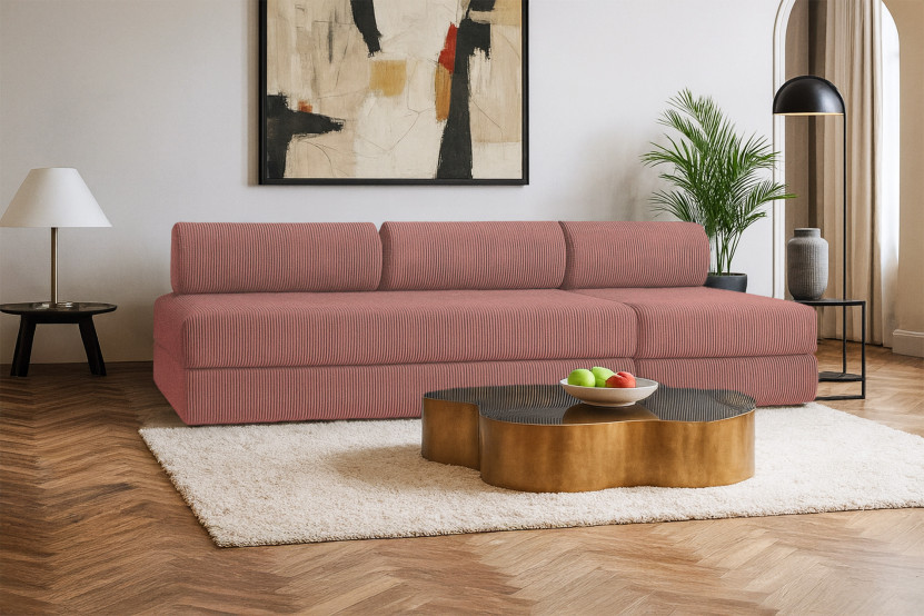 Canapé 4 places - 2 modules convertibles : Canapé 3 places + Fauteuil - Velours côtelé Rose