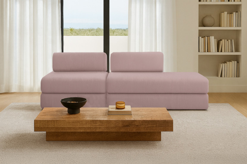 Canapé 3 places - 2 modules convertibles : Canapé 2 places + Fauteuil - Velours côtelé Rose pâle