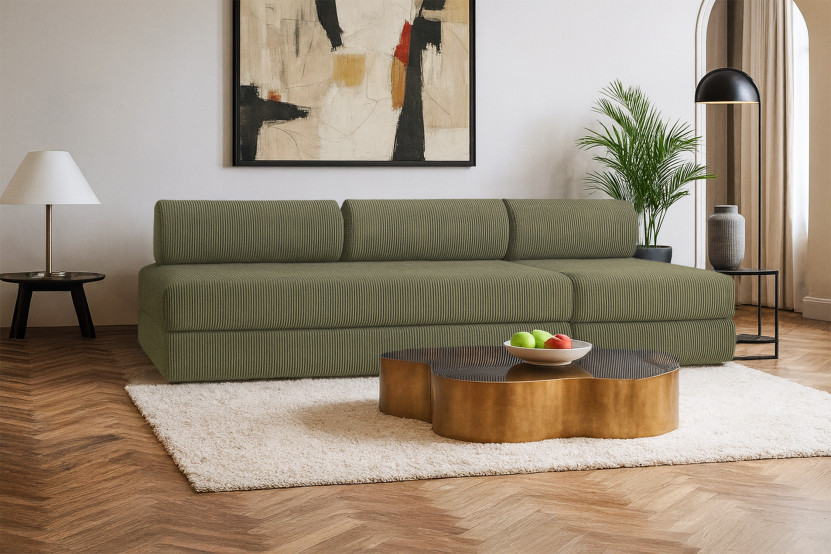 Canapé 4 places - 2 modules convertibles : Canapé 3 places + Fauteuil - Velours côtelé Vert