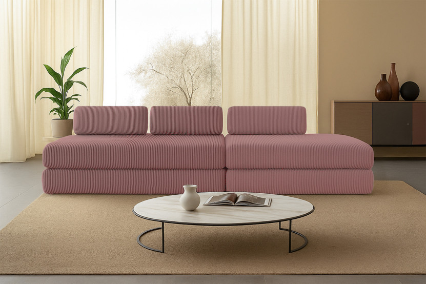 Canapé 5 places - 2 modules convertibles : Canapé 3 places + Canapé 2 places - Velours côtelé Rose