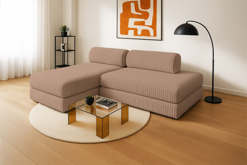 Canapé d'angle 5 places - 2 modules convertibles : Canapé 2 places + Méridienne - Velours côtelé XL Marron