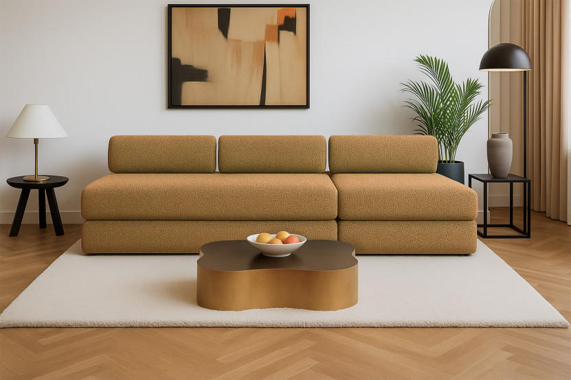 Canapé 4 places - 2 modules convertibles : Canapé 3 places + Fauteuil - Tissu tweed Jaune