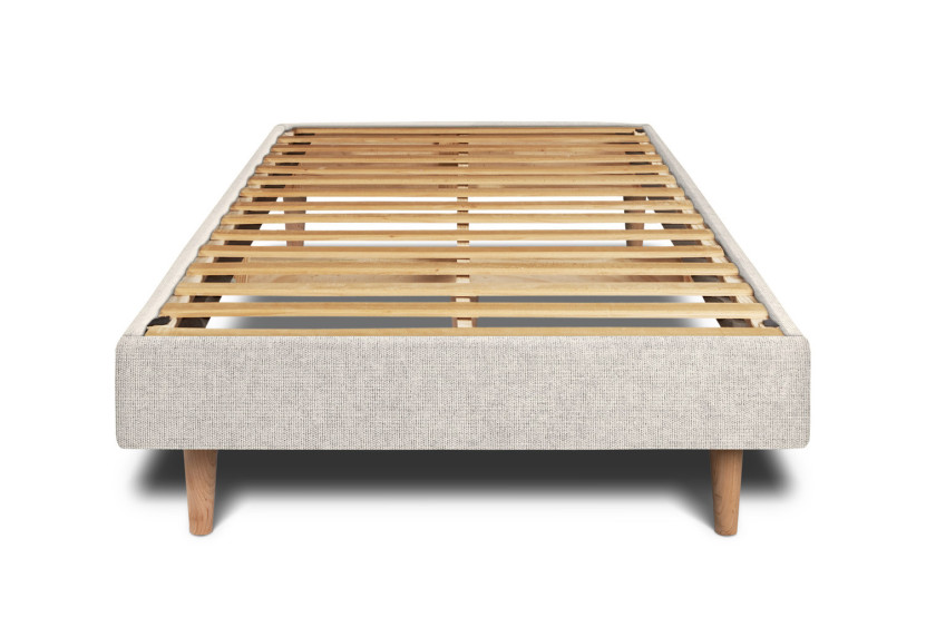 Lit 90x190 cm - Sommier à lattes H29 cm + tête de lit à lignes - Tissu Toile natté Beige Clair