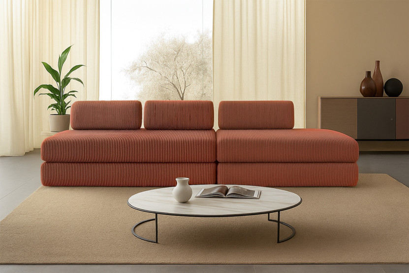 Canapé 5 places - 2 modules convertibles : Canapé 3 places + Canapé 2 places - Velours côtelé Terracotta