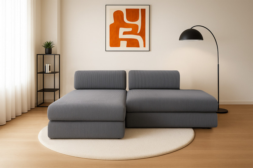 Canapé d'angle 5 places - 2 modules convertibles : Canapé 2 places + Méridienne - Velours côtelé Gris