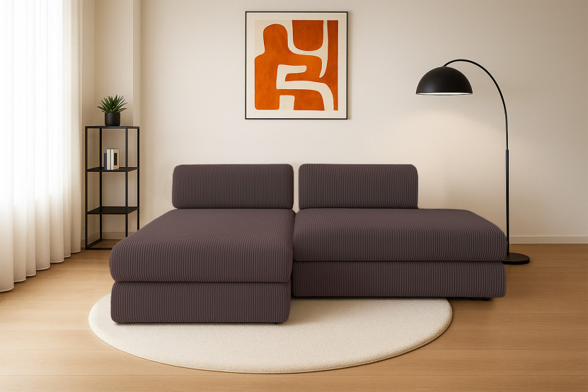 Canapé d'angle 5 places - 2 modules convertibles : Canapé 2 places + Méridienne - Velours côtelé Marron