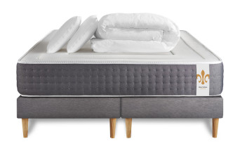 Pack lit complet 180x200 cm - Matelas + 2 Sommiers Gris + 2 oreillers + Couette - Vingt-Six