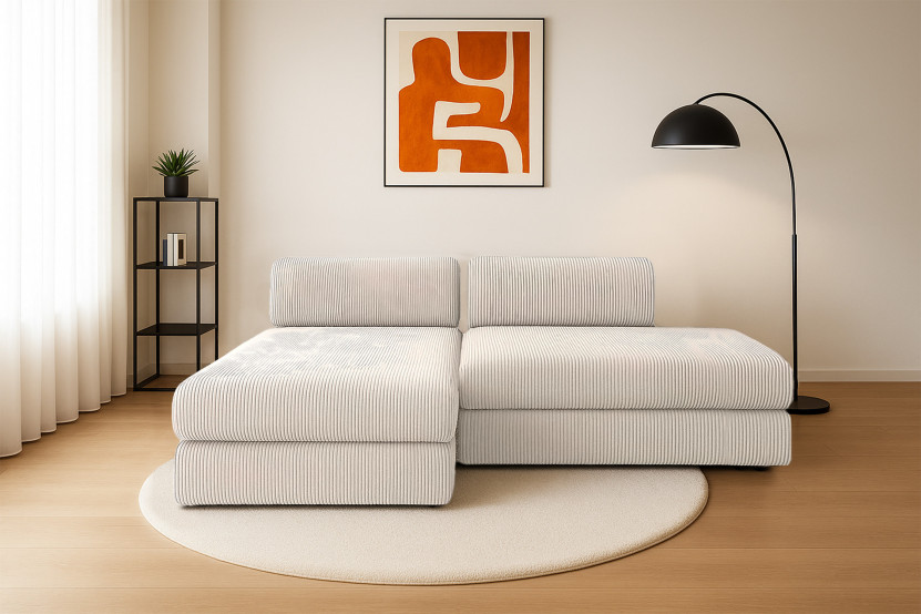 Canapé d'angle 5 places - 2 modules convertibles : Canapé 2 places + Méridienne - Velours côtelé Blanc