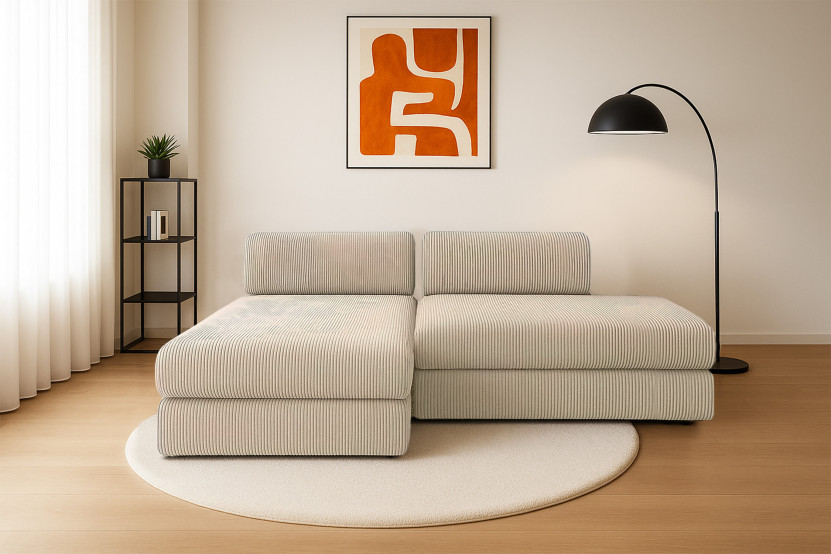 Canapé d'angle 5 places - 2 modules convertibles : Canapé 2 places + Méridienne - Velours côtelé Beige