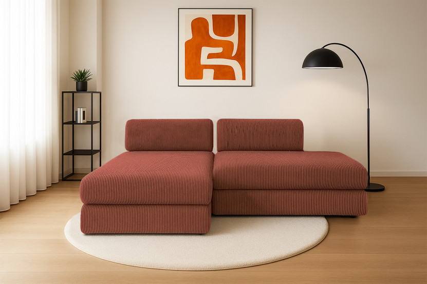 Canapé d'angle 5 places - 2 modules convertibles : Canapé 2 places + Méridienne - Velours côtelé Terracotta