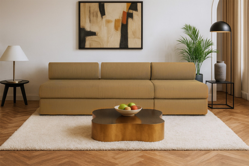 Canapé 4 places - 2 modules convertibles : Canapé 3 places + Fauteuil - Velours côtelé Jaune