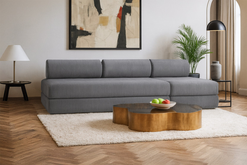 Canapé 4 places - 2 modules convertibles : Canapé 3 places + Fauteuil - Velours côtelé Gris