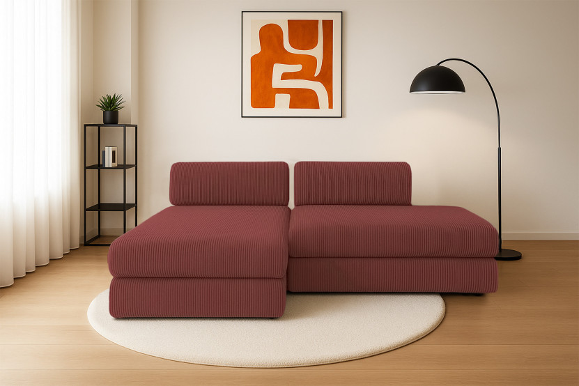 Canapé d'angle 5 places - 2 modules convertibles : Canapé 2 places + Méridienne - Velours côtelé Rouge