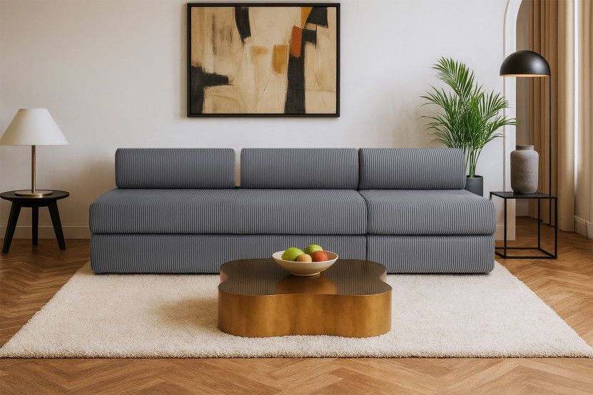 Canapé 4 places - 2 modules convertibles : Canapé 3 places + Fauteuil - Velours côtelé Gris