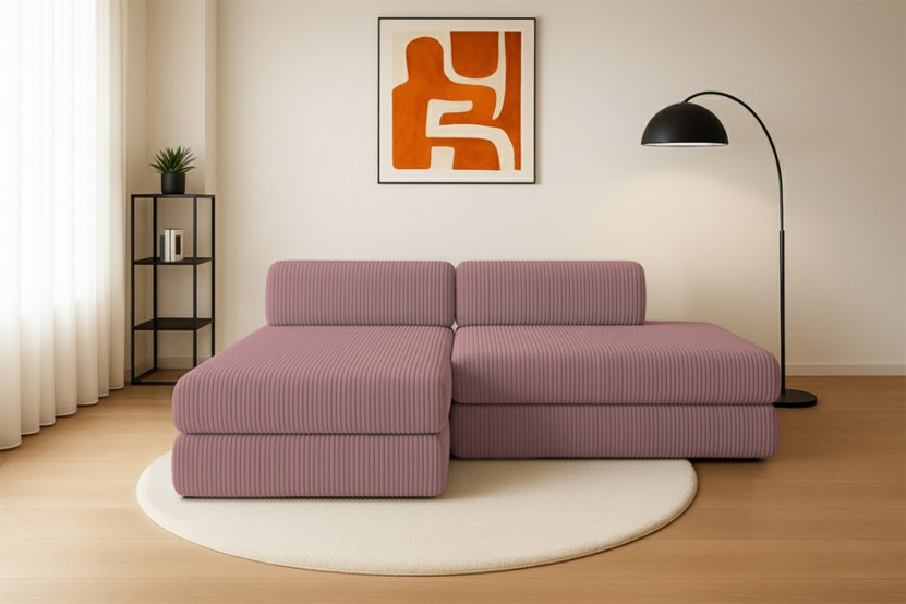 Canapé d'angle 5 places - 2 modules convertibles : Canapé 2 places + Méridienne - Velours côtelé XL Rose