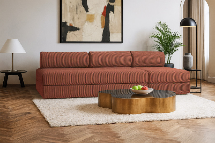 Canapé 4 places - 2 modules convertibles : Canapé 3 places + Fauteuil - Velours côtelé Terracotta