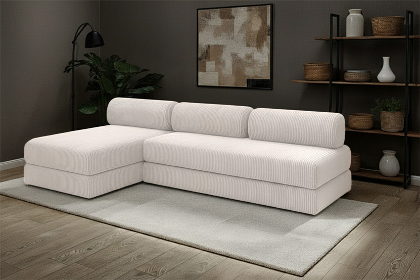 Canapé d'angle 6 places - 2 modules convertibles : Canapé 3 places + Méridienne - Velours côtelé Blanc