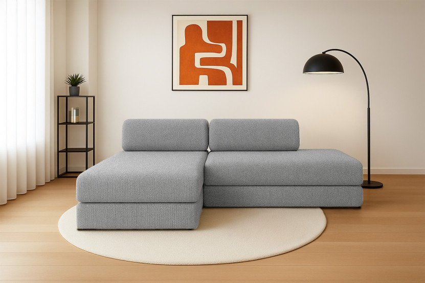 Canapé d'angle 5 places - 2 modules convertibles : Canapé 2 places + Méridienne - Tissu tweed Gris