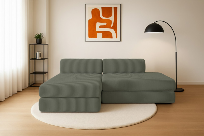 Canapé d'angle 5 places - 2 modules convertibles : Canapé 2 places + Méridienne - Velours côtelé XL Vert