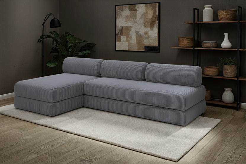 Canapé d'angle 6 places - 2 modules convertibles : Canapé 3 places + Méridienne - Velours côtelé Gris