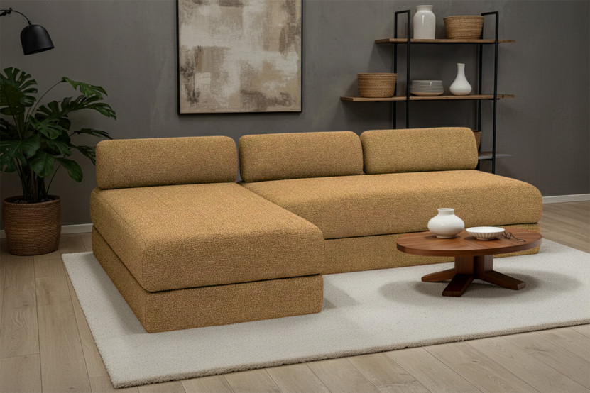 Canapé d'angle 6 places - 2 modules convertibles : Canapé 3 places + Méridienne - Tissu tweed Jaune