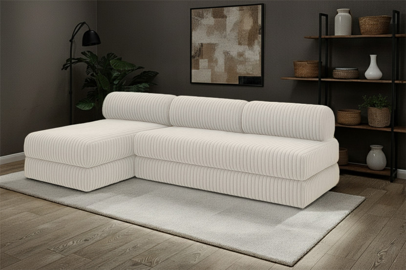 Canapé d'angle 6 places - 2 modules convertibles : Canapé 3 places + Méridienne - Velours côtelé XL Blanc