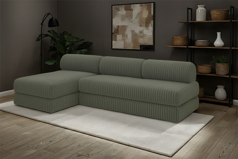 Canapé d'angle 6 places - 2 modules convertibles : Canapé 3 places + Méridienne - Velours côtelé XL Vert