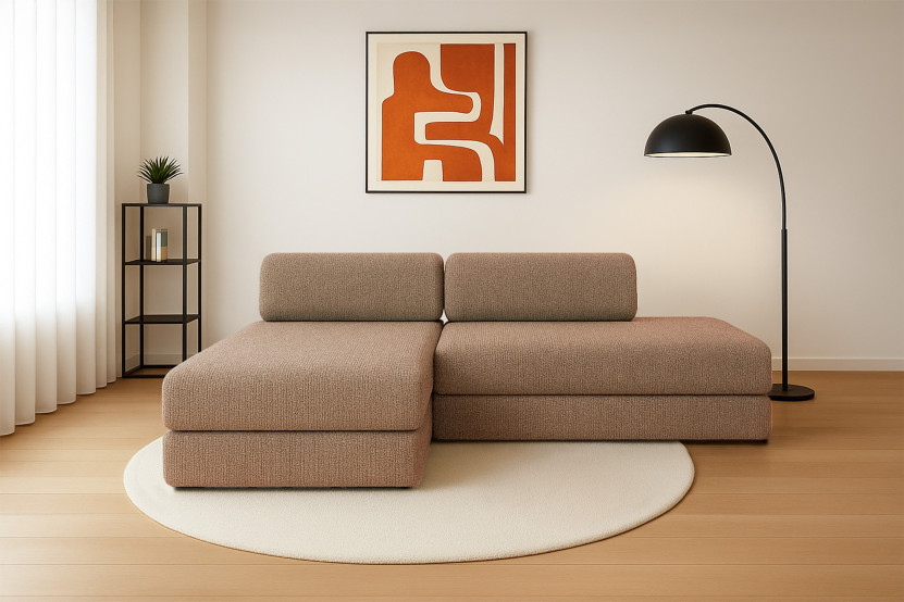 Canapé d'angle 5 places - 2 modules convertibles : Canapé 2 places + Méridienne - Tissu tweed Marron