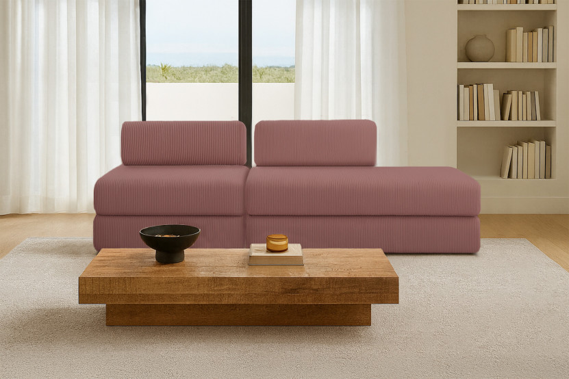 Canapé 3 places - 2 modules convertibles : Canapé 2 places + Fauteuil - Velours côtelé Rose