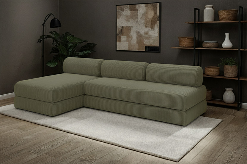 Canapé d'angle 6 places - 2 modules convertibles : Canapé 3 places + Méridienne - Velours côtelé Vert