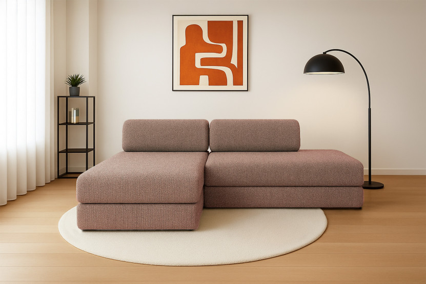 Canapé d'angle 5 places - 2 modules convertibles : Canapé 2 places + Méridienne - Tissu tweed Rouge