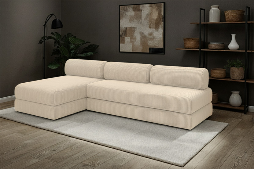 Canapé d'angle 6 places - 2 modules convertibles : Canapé 3 places + Méridienne - Velours côtelé Beige